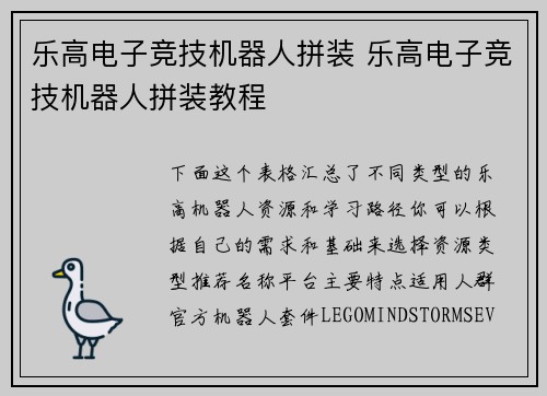 乐高电子竞技机器人拼装 乐高电子竞技机器人拼装教程