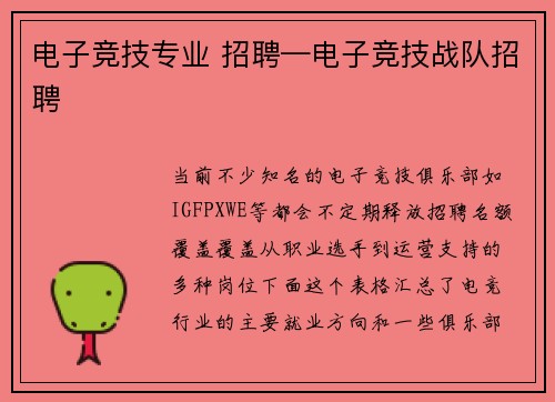 电子竞技专业 招聘—电子竞技战队招聘